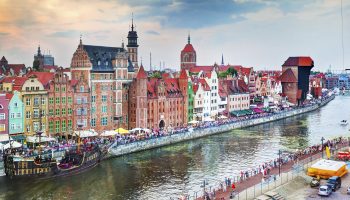 Top view on Gdansk old town and Motlawa river, Poland at sunset.