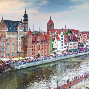Top view on Gdansk old town and Motlawa river, Poland at sunset.